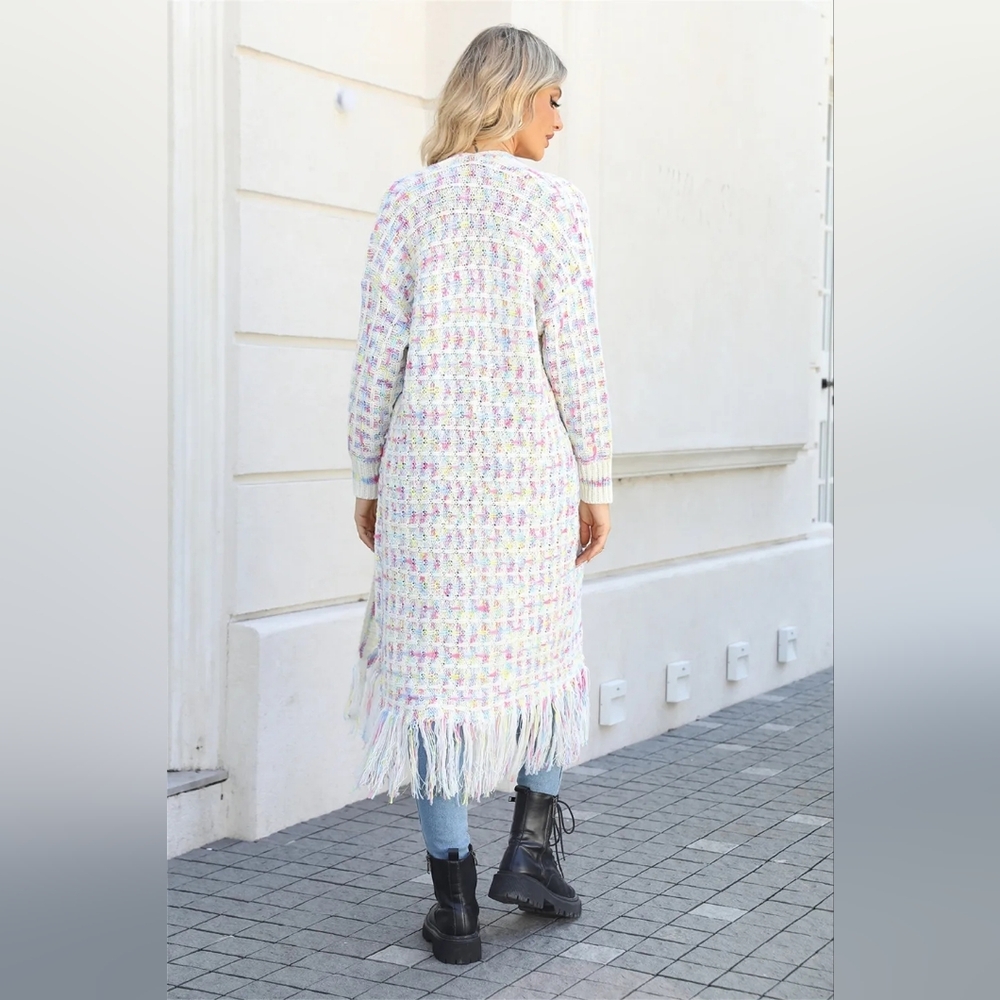 Long Open-Front Pastel Fringe Knit Cardigan Sweater - Picture 5 of 8